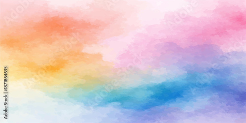 Abstract watercolor background featuring colorful paint textures of clouds and a rainbow sky with pastel sunset light patterns on grunge paper art illustration