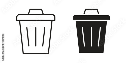 Bin icons line and solid version, outline and filled vector design set
