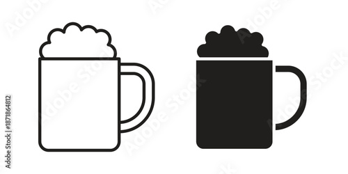 Beer mug icons line and solid version, outline and filled vector design set