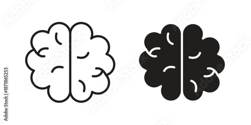 Brain icons line and solid version, outline and filled vector design set