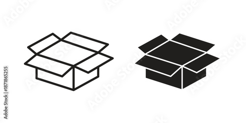 Box opened icons line and solid version, outline and filled vector design set