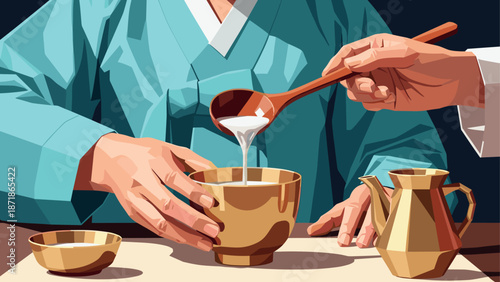 Traditional korean ceremony with hanbok attire and rice wine service in geometric style