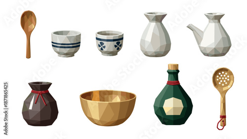 Low poly japanese tableware: sake pot, cups, and bowls collection