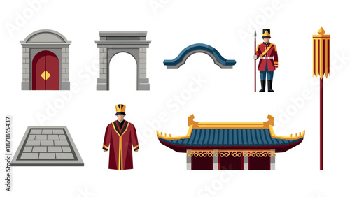 Traditional architecture and royal guard elements in flat design