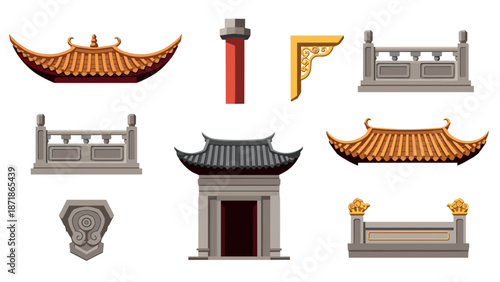 Traditional asian architecture elements with ornate roofs and stone decorations