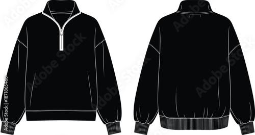 Black half zip sweatshirt, front and back view, apparel mockup, pullover jacket, fashion technical illustration design