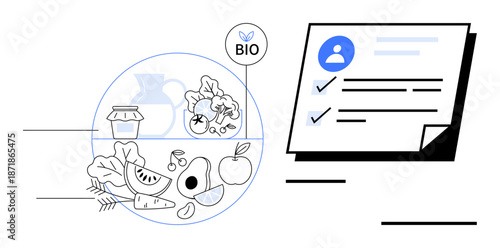 Organic products thumbs up fruits, vegetables, and jars with Bio label next to approval checklist. Ideal for certification, eco-labeling, organic food, sustainability, quality assurance, healthy