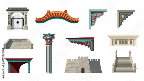 Architectural elements from various cultures and historical eras in detailed flat style
