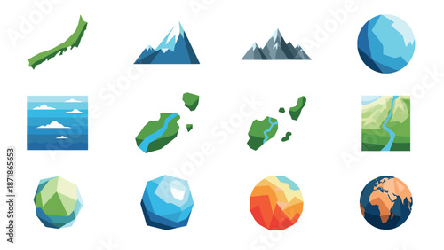 Geometric nature icons collection: mountains, maps, and global views