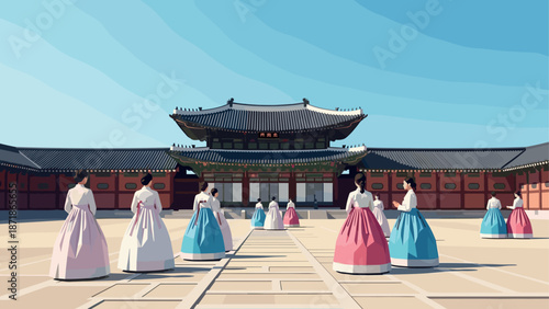 Traditional korean architecture and hanbok fashion in a historic courtyard scene