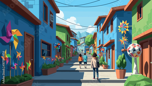 Colorful street scene with pinwheels and plants in sunny neighborhood