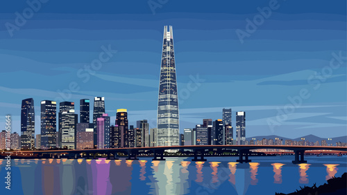 Modern cityscape at dusk featuring illuminated skyscrapers and a vibrant skyline