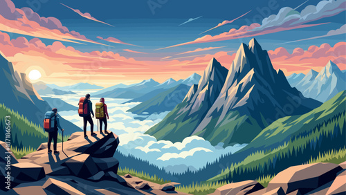 Adventurers embrace majestic mountain landscape at sunrise in vibrant flat art style