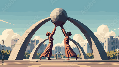 Retro futuristic monument with women holding geometric sphere in urban park setting