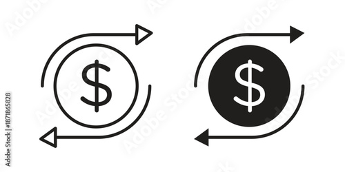 Cash flow icons line and solid version, outline and filled vector design set