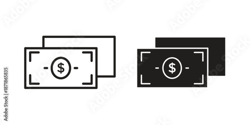 Cash icons line and solid version, outline and filled vector design set