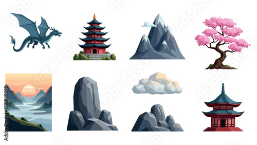 Fantasy elements collection: dragon, pagoda, mountains, and cherry blossom tree in vibrant low poly style