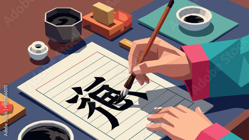 Traditional japanese calligraphy enthusiast at work with ink and brush