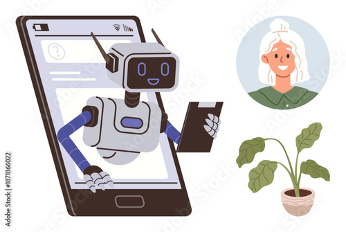Artificial intelligence, virtual assistance, technology communication, remote work, digital interaction, online support. Robot stepping out of a phone, tablet in hand. AI and virtual assistance