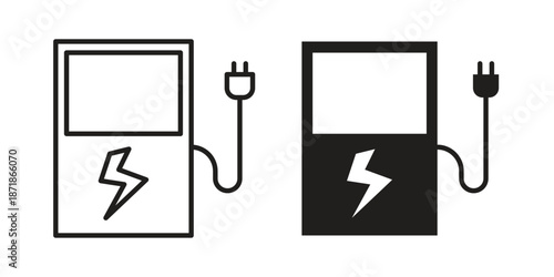 Charging station icons line and solid version, outline and filled vector design set