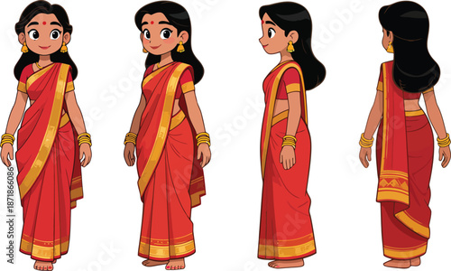 Indian Woman in Traditional Red Saree Character Turnaround Illustration
