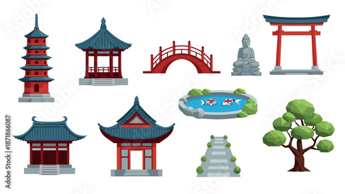 Traditional japanese elements collection: temples, pagodas, and cultural icons