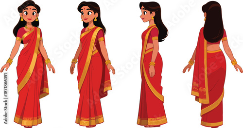 Indian Woman in Traditional Red Saree Character Turnaround Illustration