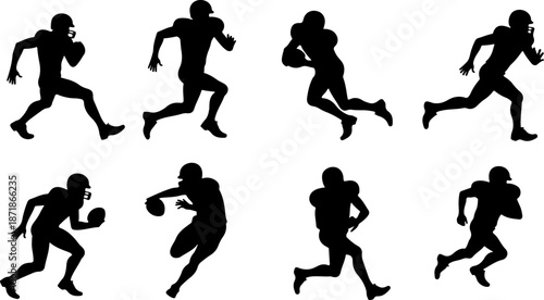 American Football Player Action Silhouettes Set