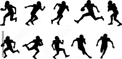 American Football Player Action Silhouettes Set