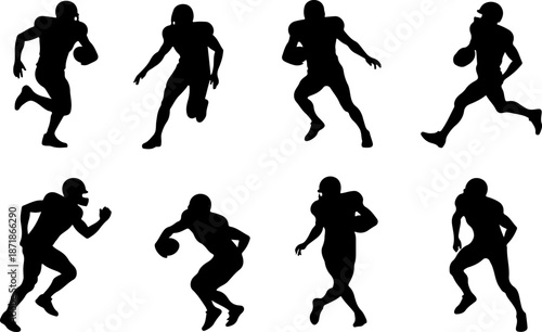American Football Player Action Silhouettes Set