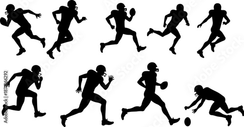 American Football Player Action Silhouettes Set