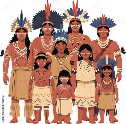 Illustration of a diverse group of Indigenous Peoples Day Brazil family members, adorned in traditional headdresses and jewelry, standing together in a vibrant display of cultural heritage.