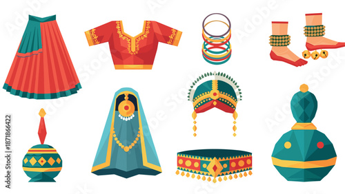 Traditional indian attire and accessories in geometric style