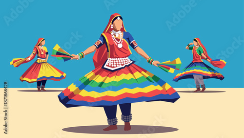 Colorful traditional dance in vibrant geometric style