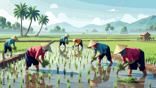 Farmers planting rice in lush paddy fields with scenic mountain backdrop