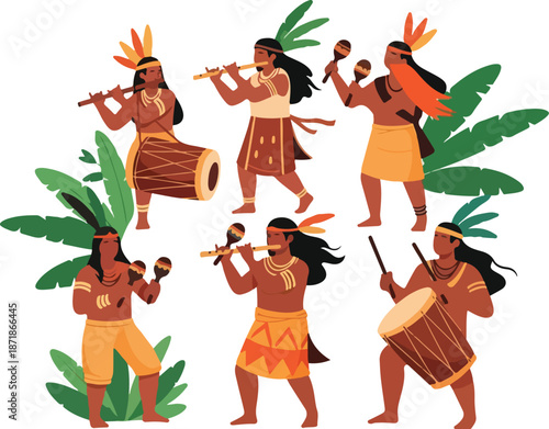 Illustration of people celebrating Indigenous Peoples Day in Brazil with traditional music and dance. Perfect for cultural events, educational materials, and social media posts.
