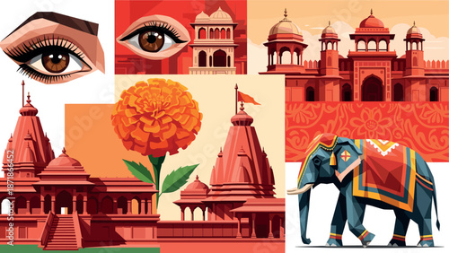 Vibrant indian culture collage featuring elephants, temples, and floral motifs