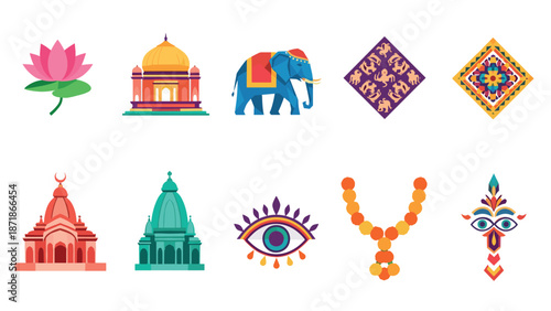 Colorful indian culture elements: lotus, architecture, elephant, patterns, and symbols