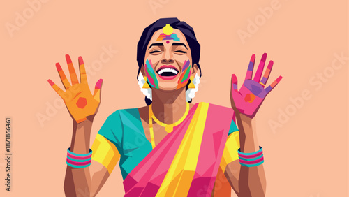 Colorful portrait of joyful woman celebrating holi in vibrant geometric style