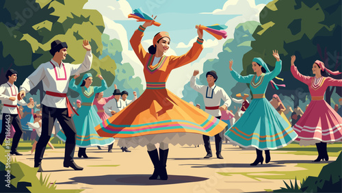 Vibrant cultural dance in park with traditional costumes and colorful dresses