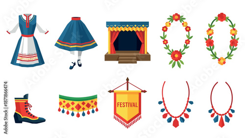 Colorful festival elements: dresses, accessories, and stage decorations
