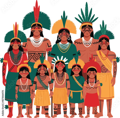 A vibrant digital illustration of a diverse group of Indigenous Peoples Day Brazil celebrants in traditional attire, adorned with feathers and jewelry, standing together in a festive