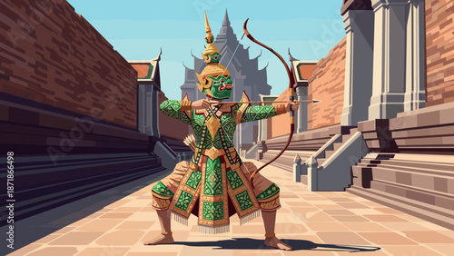 Traditional thai warrior in ornate green attire in historical temple setting