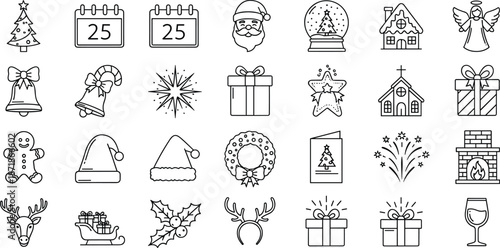 Christmas Holiday And Winter Celebration Line Icon Set Featuring Santa Claus, Decorated Trees, Gift Boxes, Bells, Snow Globes, And Festive Ornaments,
