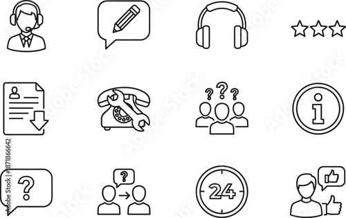 Customer Service And Technical Support Line Icon Set Featuring Call Center Agents, Help Desks, Frequently Asked Questions, Twenty Four Seven,