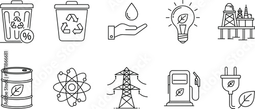 Environmental Ecology And Sustainable Energy Line Icon Set Featuring Green Power, Recycling Bins, Biofuel Barrels, Electric Plugs, And Eco Friendly,