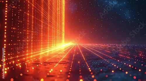 A dynamic abstract digital grid with vibrant orange and red glowing lines extends endlessly into a dark, starry cosmic background.