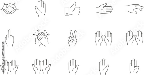 Hand Gestures And Human Interaction Line Icon Set Featuring Handshakes, Thumbs Up, Clapping, Victory Signs, Palm Open, And Prayer Symbols,