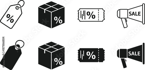 Retail Sales And Promotional Marketing Icon Set Featuring Discount Price Tags, Percentage Coupon Tickets, Special Offer Megaphones, And Shipping Boxes,