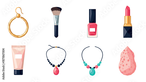Chic beauty essentials: makeup items and jewelry collection in flat design